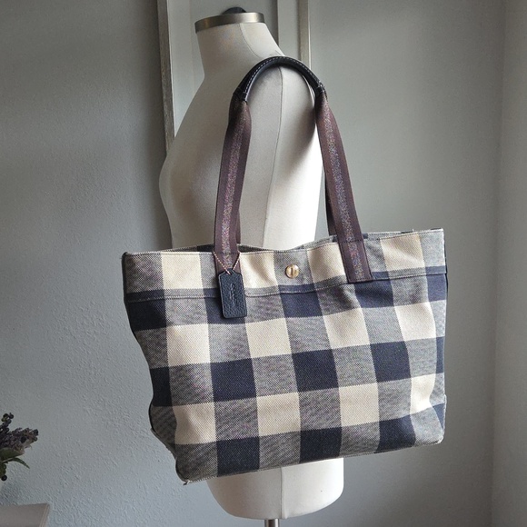 COACH Navy Buffalo Plaid Canvas Tote - Picture 2 of 16